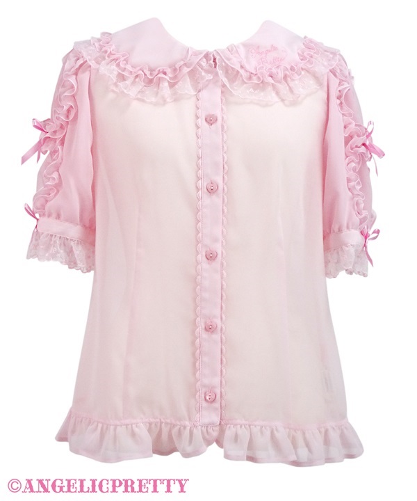 Collar Logo Embroidery Frill Blouse - Pink