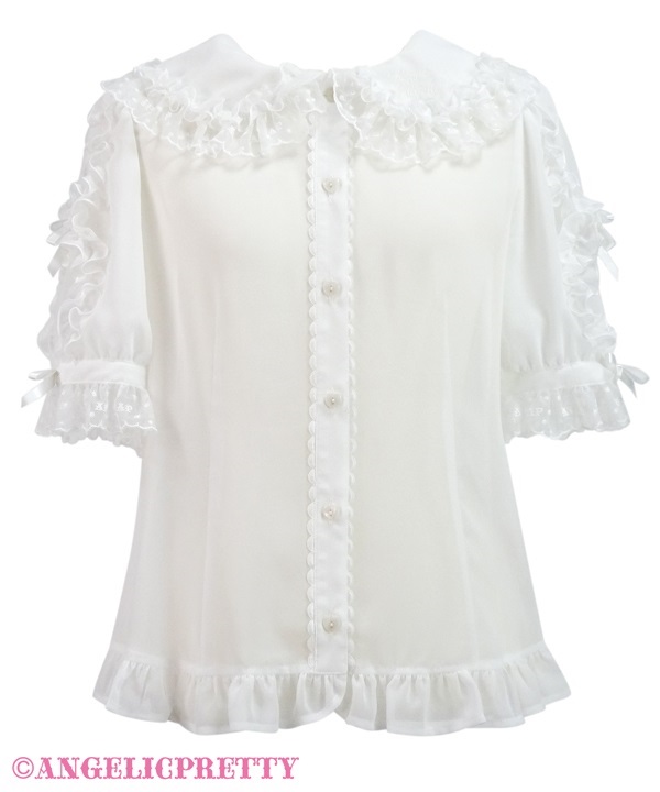 Collar Logo Embroidery Frill Blouse - White