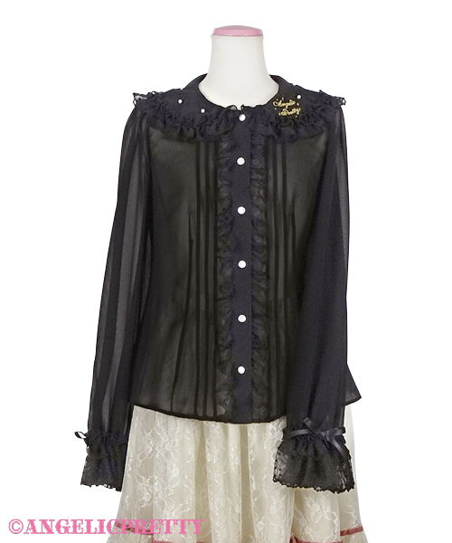 Collar Logo Embroidery Pearl Blouse - Black