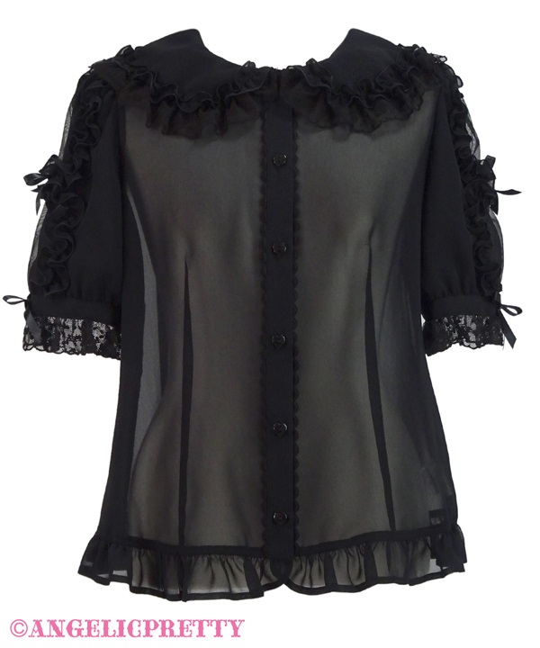 Collar Logo Embroidery Sleeve Frill Blouse - Black