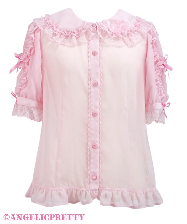 Collar Logo Embroidery Sleeve Frill Blouse - Pink