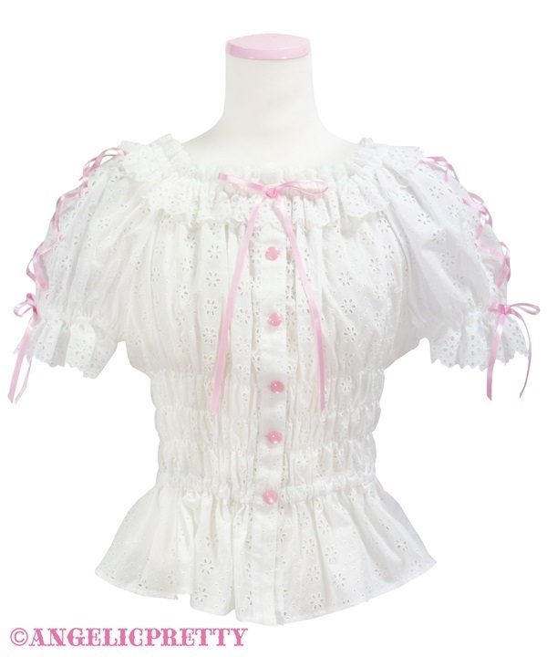 Cotton Garden Lace Off Shoulder Blouse - White x Pink