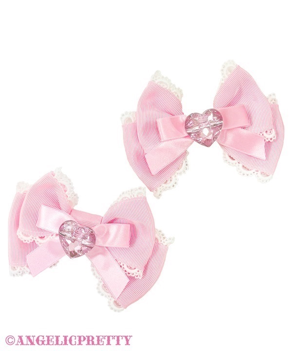Crystal Heart Ribbon Clip Set - Pink