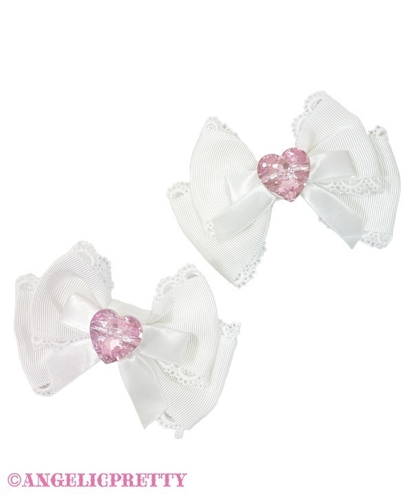 Crystal Heart Ribbon Clip Set - White