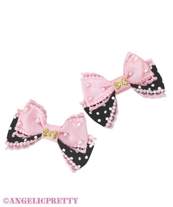 Dot Oshama Ribbon Clip Set - Pink x Black