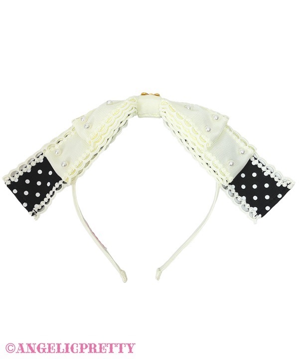 Dot Oshama Ribbon Headbow - Ivory x Black