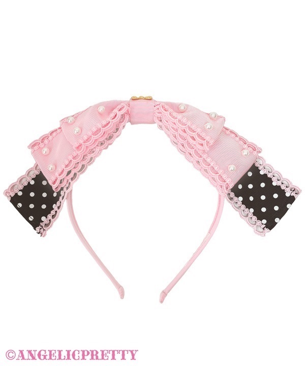 Dot Oshama Ribbon Headbow - Pink x Black