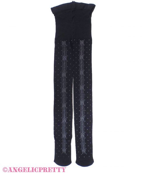 Dot Ribbon Lace Tights - Black x Grey