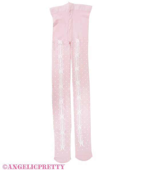 Dot Ribbon Lace Tights - Pink x White