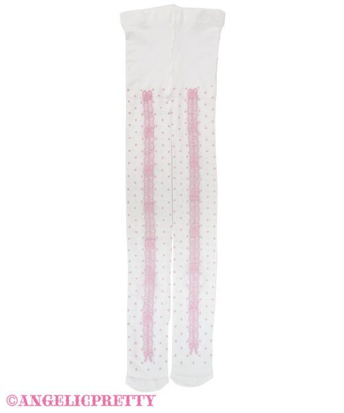 Dot Ribbon Lace Tights - White x Pink