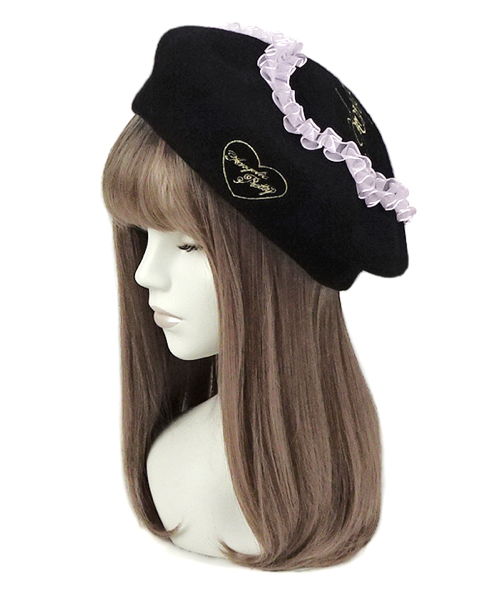 Duo Color Frill Heart Beret - Black
