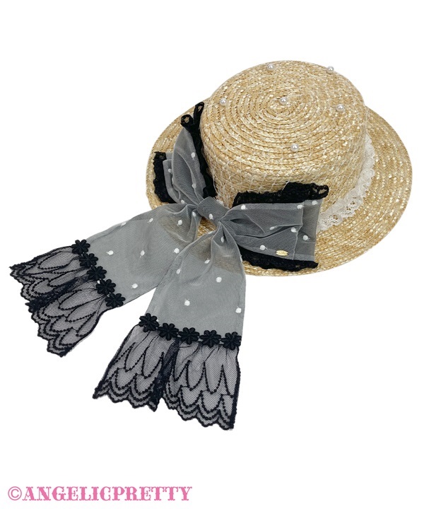 Flower Lace Straw Hat - Black