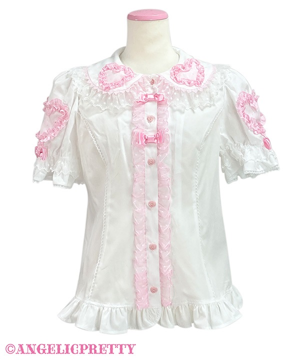 Frill Heart Short Sleeve Blouse - White x Pink