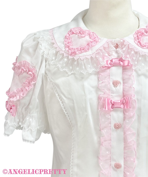 liten リテン　Heart embroidered blouse Embroidered Heart Blouse, 100% Cotton, White, Blue Button