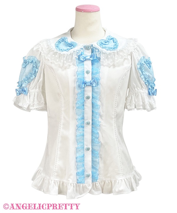 Frill Heart Short Sleeve Blouse - White x Sax