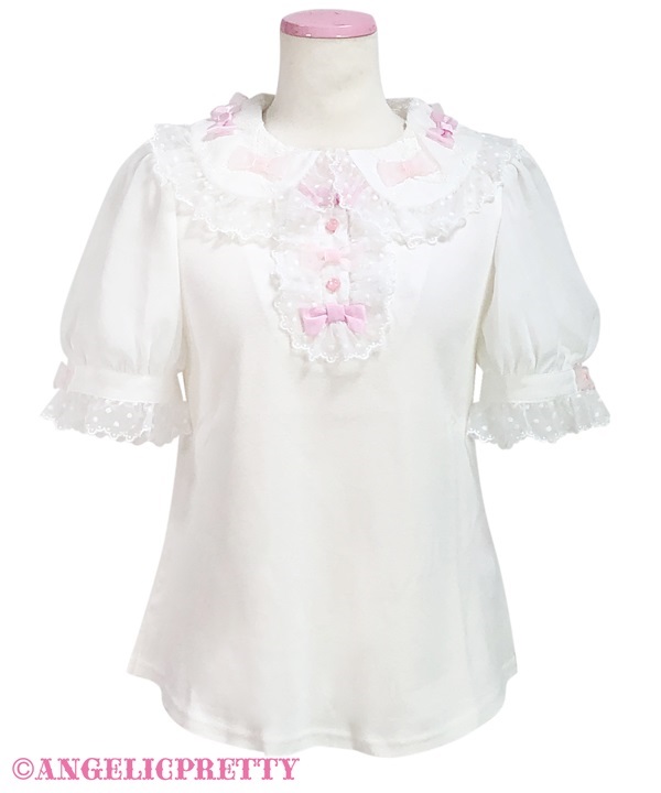 Fuwa Fuwa Ribbon Short Sleeve Cutsew - White x Pink