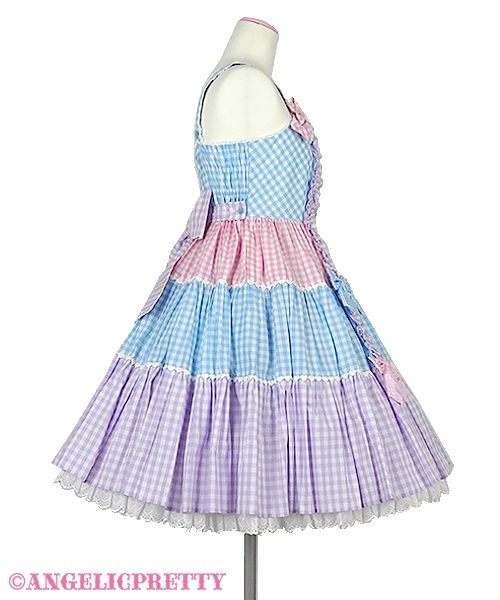 Gingham Color Scheme Ribbon Jumperskirt - Sax x Pink x Lavender