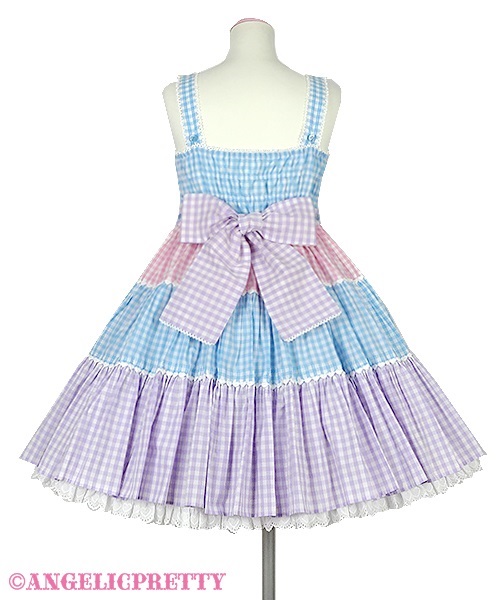 Gingham Color Scheme Ribbon Jumperskirt - Sax x Pink x Lavender