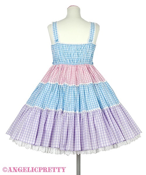 Gingham Color Scheme Ribbon Jumperskirt - Sax x Pink x Lavender