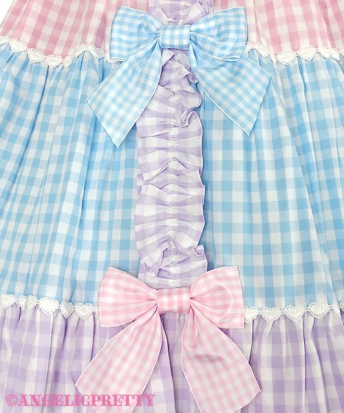 Gingham Color Scheme Ribbon Jumperskirt - Sax x Pink x Lavender - Click Image to Close