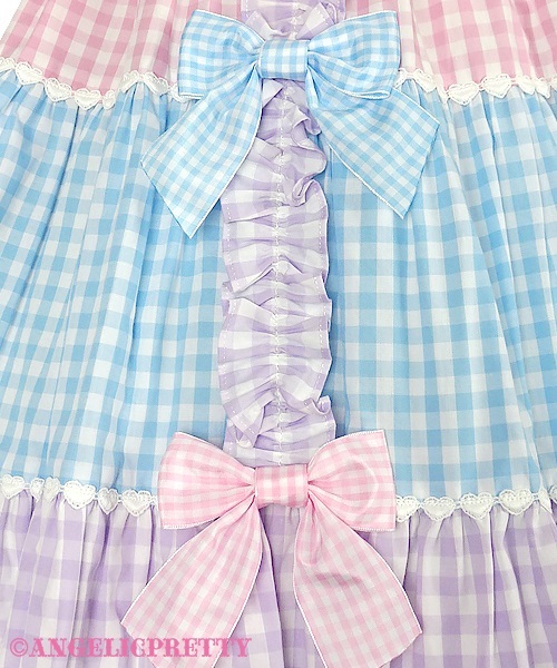 Gingham Color Scheme Ribbon Jumperskirt - Sax x Pink x Lavender