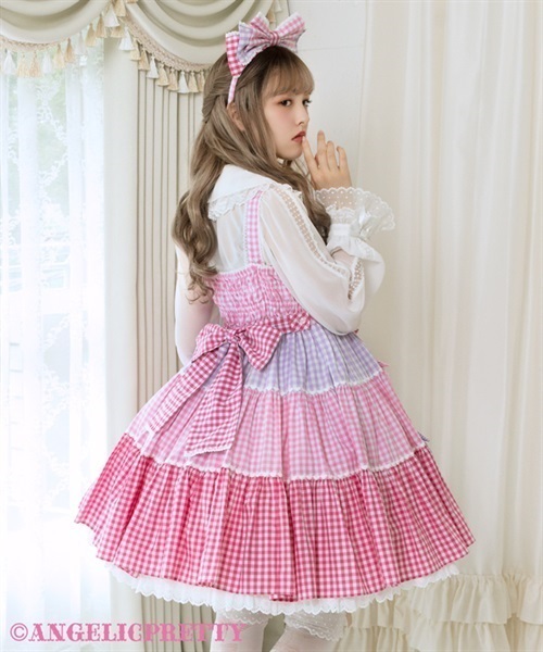 Gingham Color Scheme Ribbon Jumperskirt - Sax x Pink x Lavender - Click Image to Close