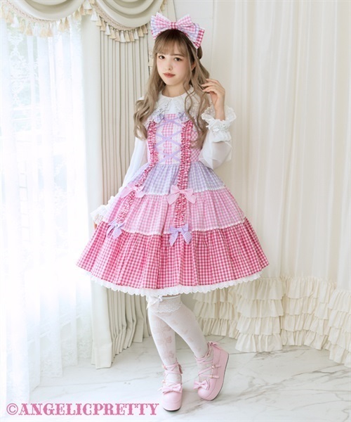 Gingham Color Scheme Ribbon Jumperskirt - Sax x Pink x Lavender - Click Image to Close