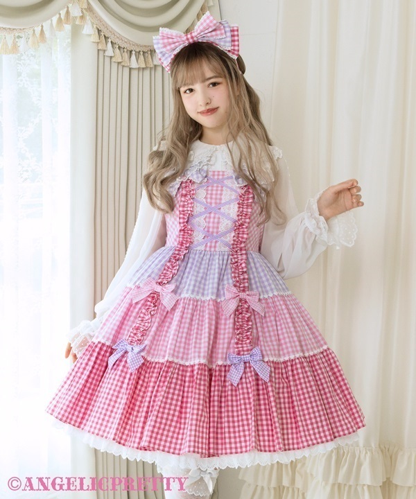 Gingham Color Scheme Ribbon Jumperskirt - Sax x Pink x Lavender