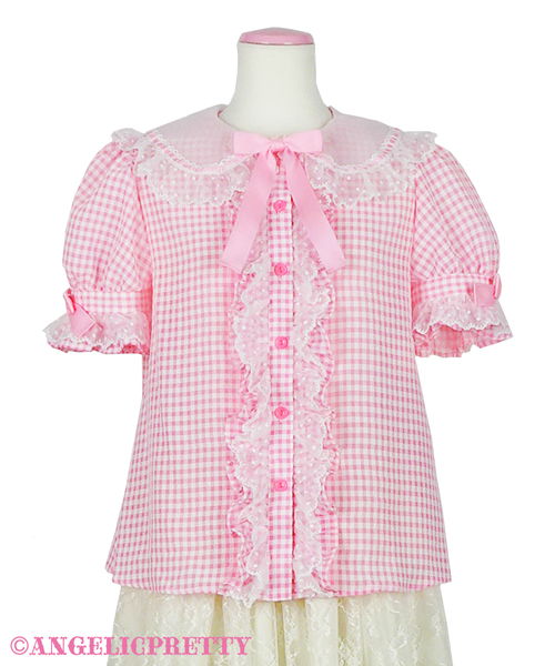 Gingham Ladder Lace Blouse - Pink