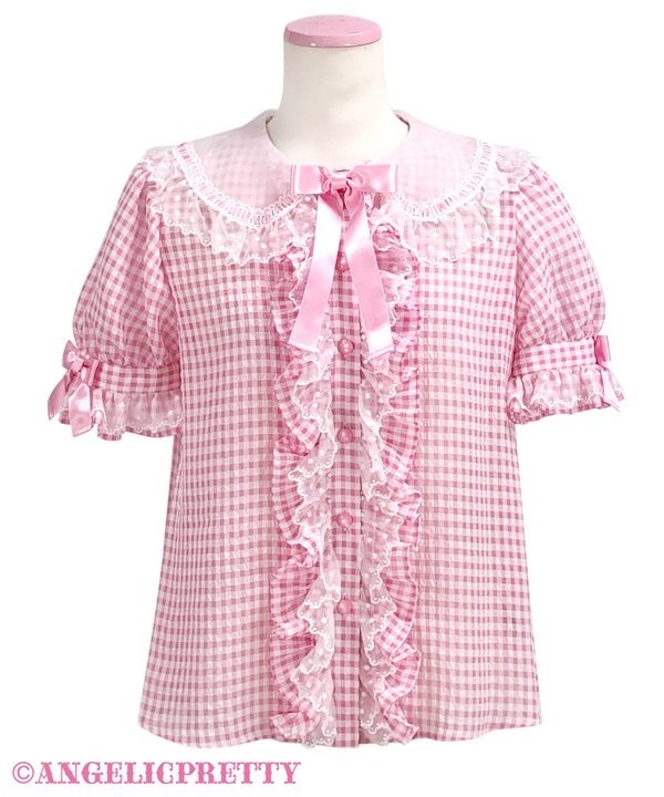 Gingham Ladder Lace Blouse - Pink