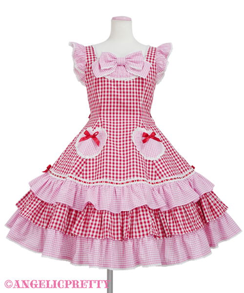 Gingham Sherbet Jumperskirt - Red x Pink - Click Image to Close
