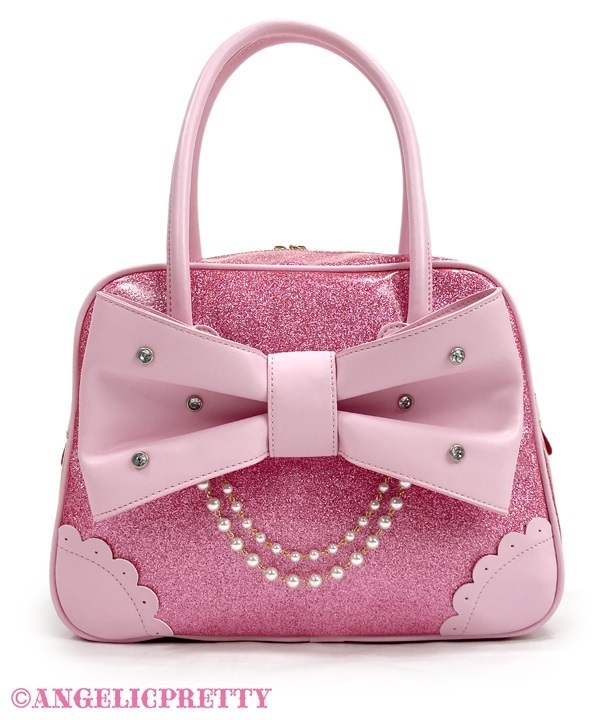 Glitter Jewel Ribbon Boston Bag - Pink
