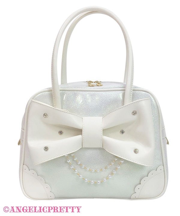 Glitter Jewel Ribbon Boston Bag - White - Click Image to Close