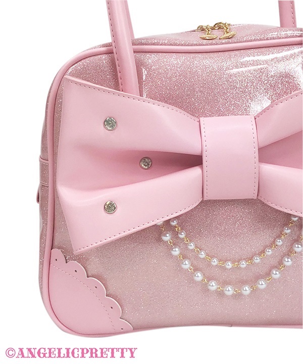 Glitter Jewel Ribbon Boston Bag - White