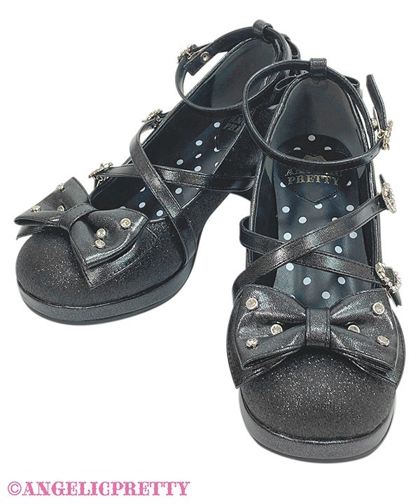 Glitter Jewel Ribbon Shoes (L) - Black