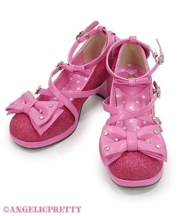 Glitter Jewel Ribbon Shoes (S) - Deep Pink