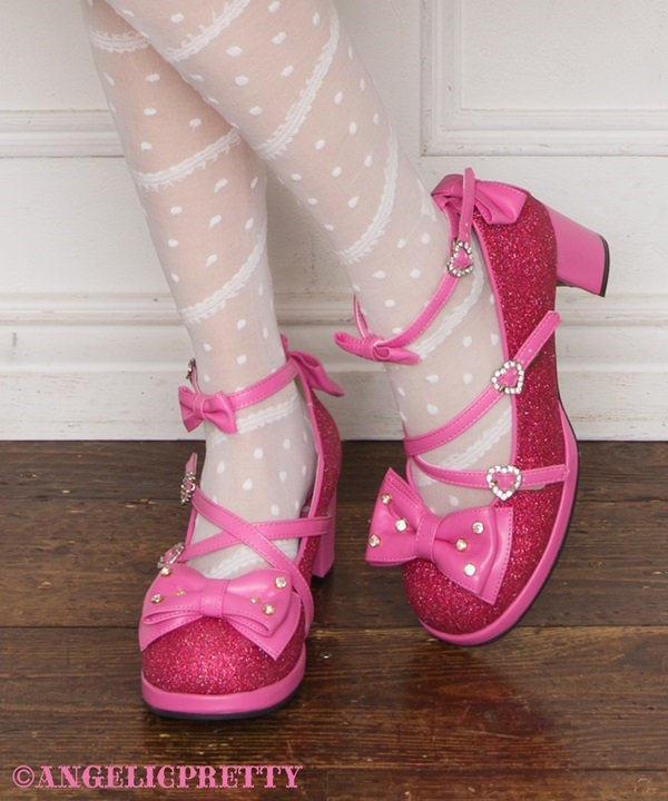 Glitter Jewel Ribbon Shoes (S) - Deep Pink