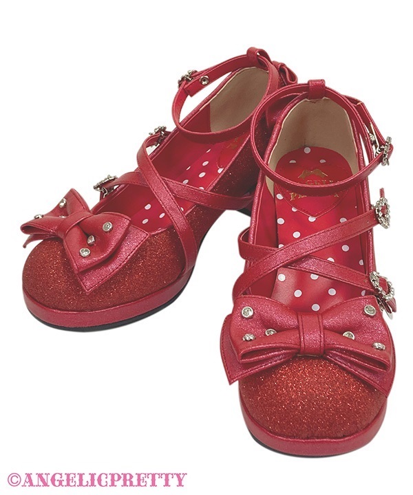 Glitter Jewel Ribbon Shoes (L) - Red