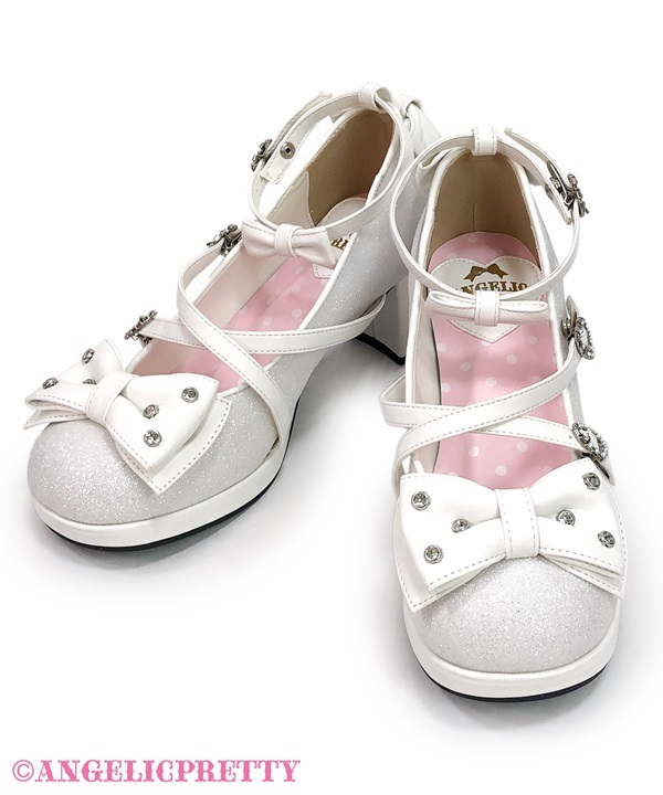 Glitter Jewel Ribbon Shoes (S) - White