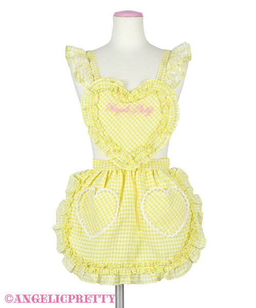 Heart Gingham Frill Apron - Yellow - Click Image to Close