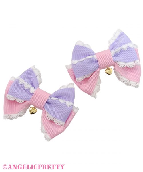 Heart Lace Duo Color Ribbon Clip Set - Lavender x Pink