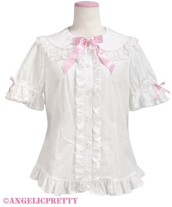 Heart Lace Short Sleeve Blouse - White x Pink - Click Image to Close