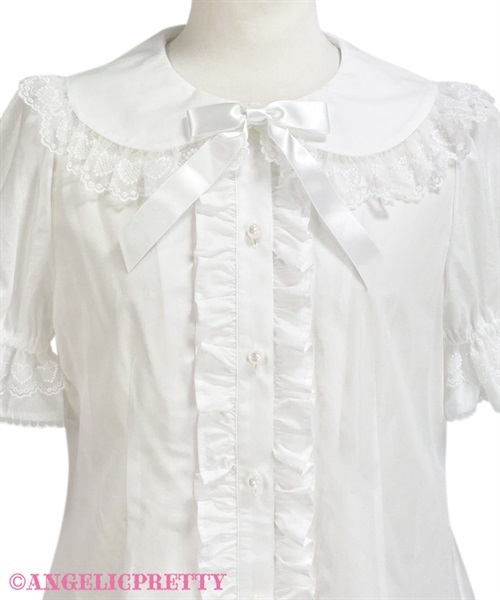 Heart Lace Short Sleeve Blouse - White x Red - Click Image to Close