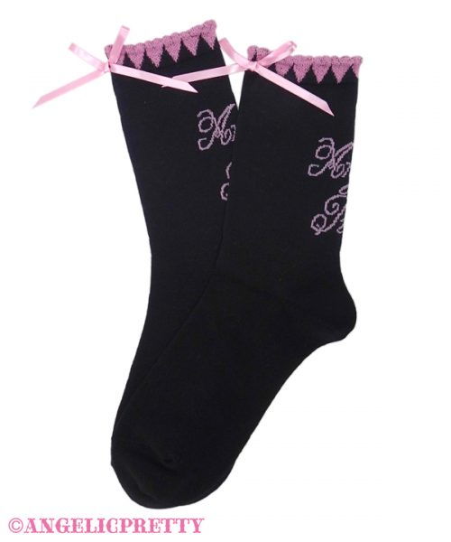 Heart Picot Ribbon Crew Socks - Black - Click Image to Close