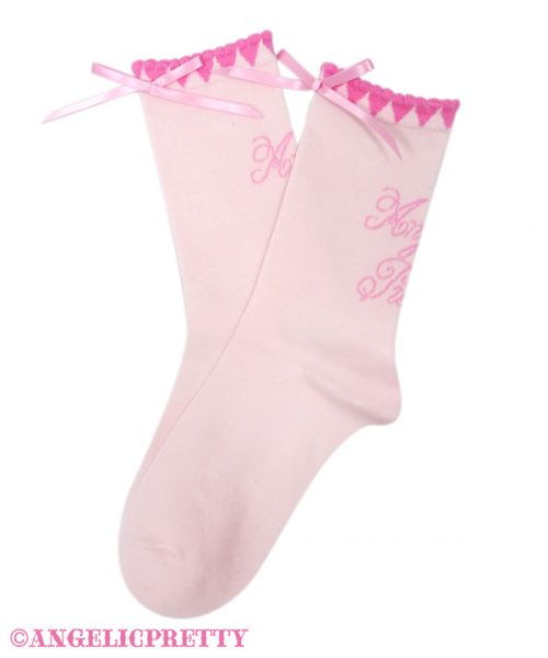 Heart Picot Ribbon Crew Socks - Pink