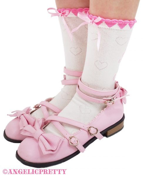 Heart Picot Ribbon Crew Socks - Pink - Click Image to Close