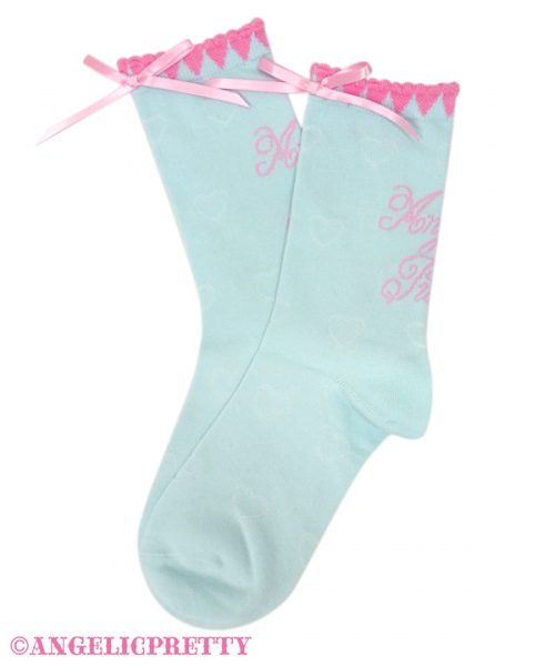 Heart Picot Ribbon Crew Socks - Sax