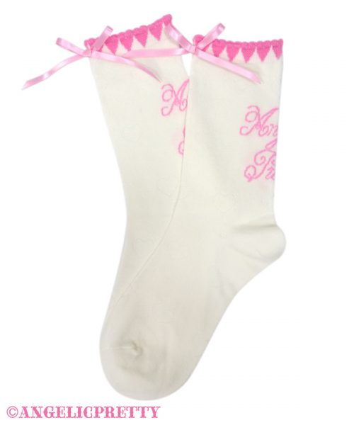 Heart Picot Ribbon Crew Socks - White