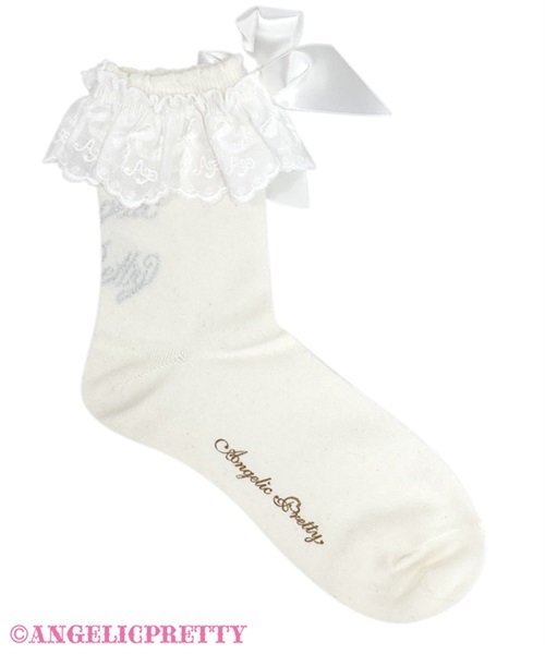 Heroine Ribbon Crew Socks - White x Pink - Click Image to Close