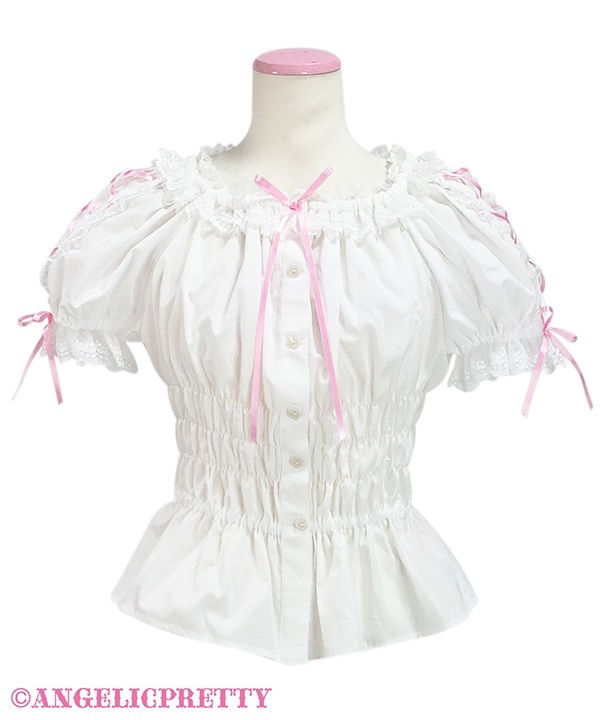 Lace Up Off Shoulder Blouse - White x Pink